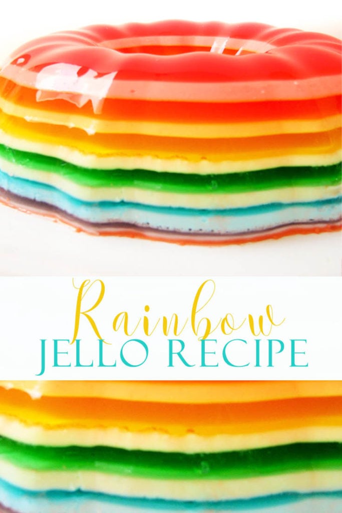 This Rainbow Jello Recipe is so festive and fun! Make it for a dinner party! #recipes #recipe #jello #jellorecipes #jellomolds #rainbowjello #desserts #rainbowdesserts