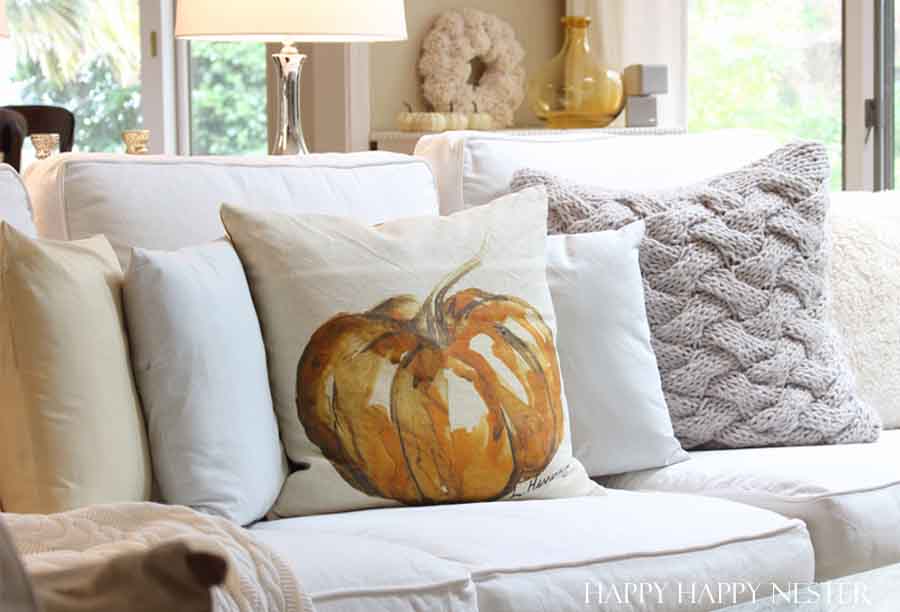 orange pumpkin water colored on a beige pillow