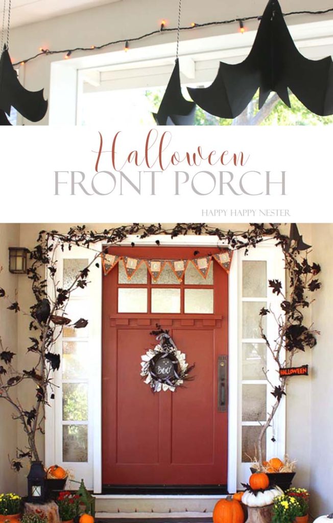 This post contains Halloween ideas for your Fall front porch that you can create. Paper wreaths, decorated branches, and paper bats are all easy crafts.
