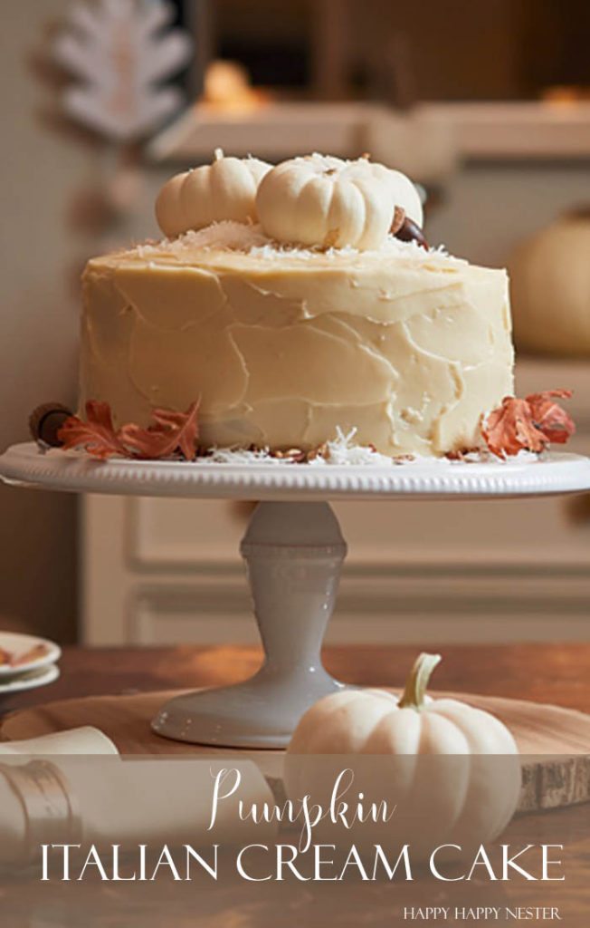 This Italian Cream Cake has a pumpkin cream cheese frosting that makes this a winning combination. This dessert is perfect for the holidays or any occasion.