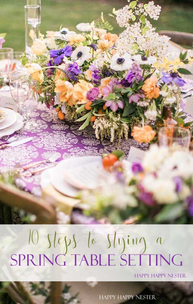 Take your spring table setting outdoors and add some gorgeous flower centerpieces to create a memorable setting. With my step by step way to build your table, you can have a lovely outdoor table ready for entertaining. #diy #tabledecor #tablescape #springdecor #springtable #springtablesetting #flowercenterpieces