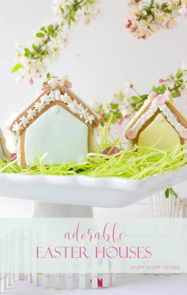 These adorable Easter Houses are perfect for spring. Make them from the mini-gingerbread kit, and you'll love this easy project. Place them on a cake stand and use them on your Easter or Spring table. Decorate them with icing and fun candies. You and your family will love this project. #spring #easter #diy #crafts