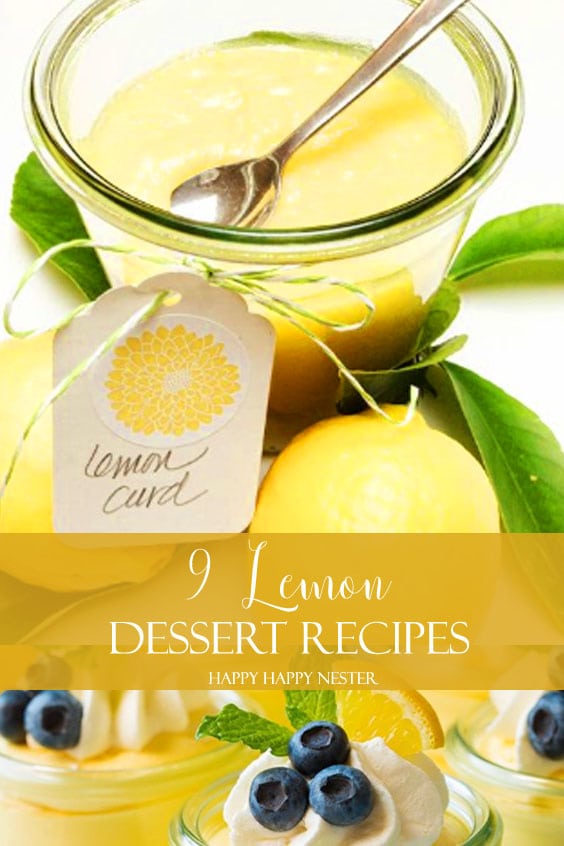 Image of lemon curd in a glass container with a tag that says lemon curd. Also, there is some writing that says, 9 Lemon Dessert Recipes