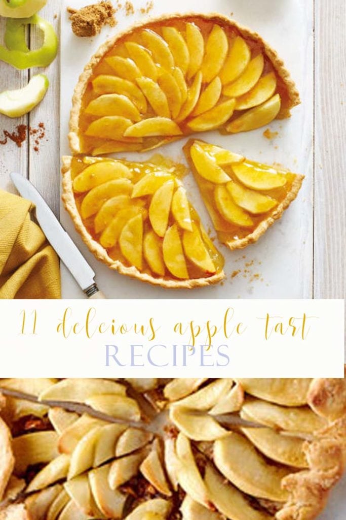 Image with 2 apple tarts and a title with words, apple tart recipes in the middle
