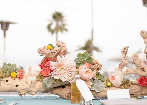 Succulent and driftwood decor for a wedding reception table
