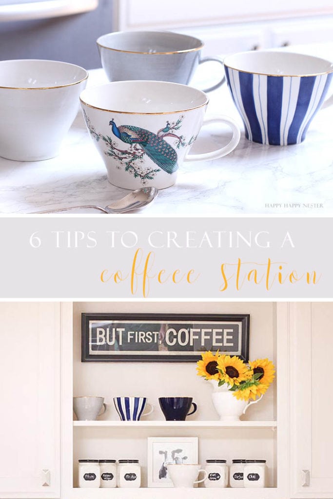 a collage of coffee mugs and a white kitchen shelf