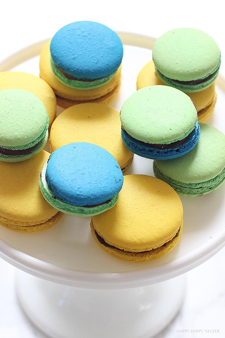 green, blue and yellow macaron cookies
