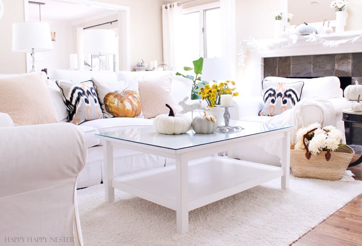 white living room with fall pillows
