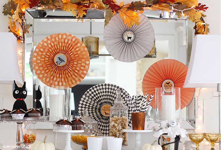 halloween vignette on a dining room buffet table