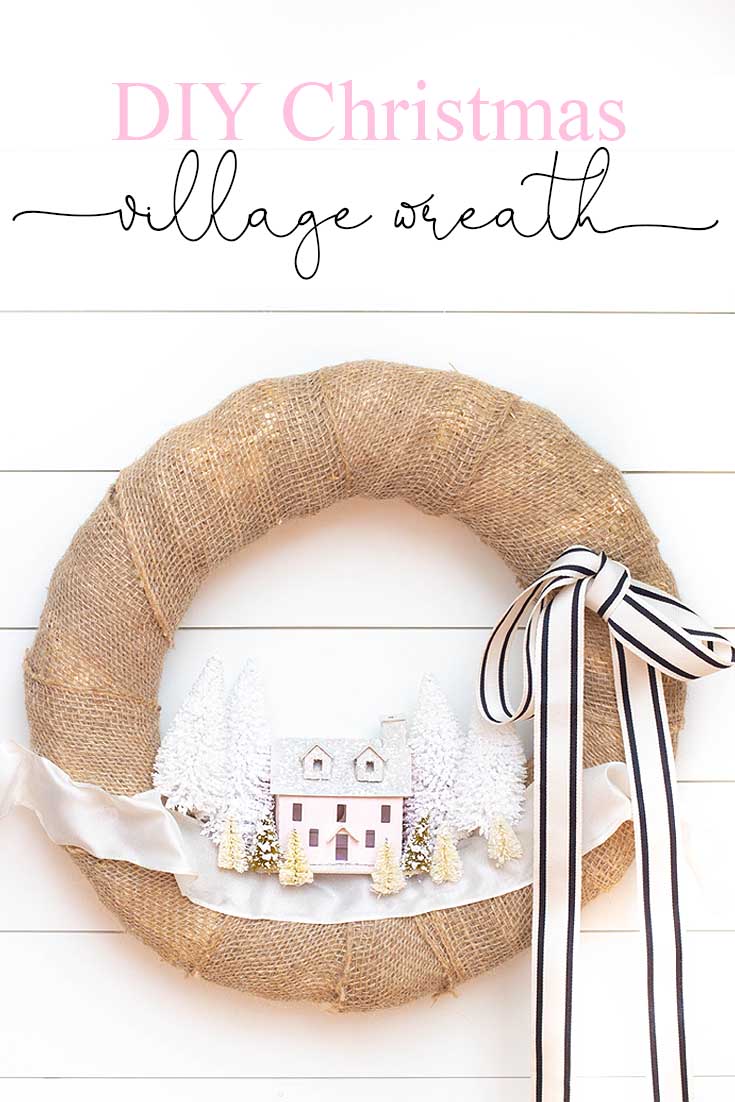 Make this DIY Christmas Village Wreath with homemade putz houses. Add some bottle brush trees, ribbon and you have a personal holiday wreath. | Crafts | Wreaths | Holiday Wreaths | Putz Houses | DIY Wreaths | DIY | Wreath Making | Cute Wreaths | Mini Village Houses | Homemade Wreaths | Martha Stewarts Village Wreath |