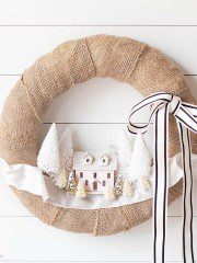 diy christmas village wreath with a touch of pink