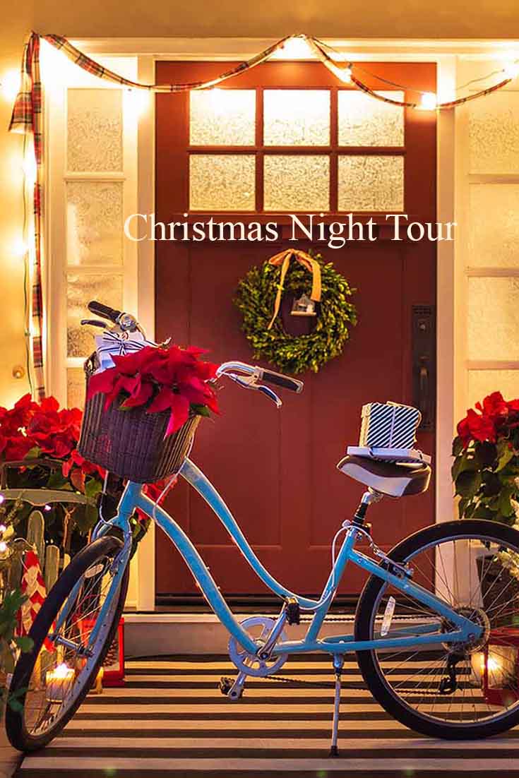 Welcome to an inspiring Christmas Home Night Tour. On the tour are my front porch, living room, and dining room. The tour includes twinkle lights, Christmas trees, holiday cookies, and even a decorated bike. The evening light makes everything sparkle and magical. Christmas Tour | Holidays | Christmas Decor | Christmas