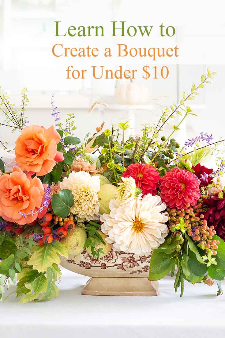 This DIY Foraged Flower Arrangement is easy and inexpensive to make. With only a few flowers from my garden and a vintage tureen, I have the prettiest arrangement for under $10. Learn the tricks on creating a beautiful flower arrangement from your yard. Flowers | Flower Arrangements | Foraged Flower| Wedding Flowers