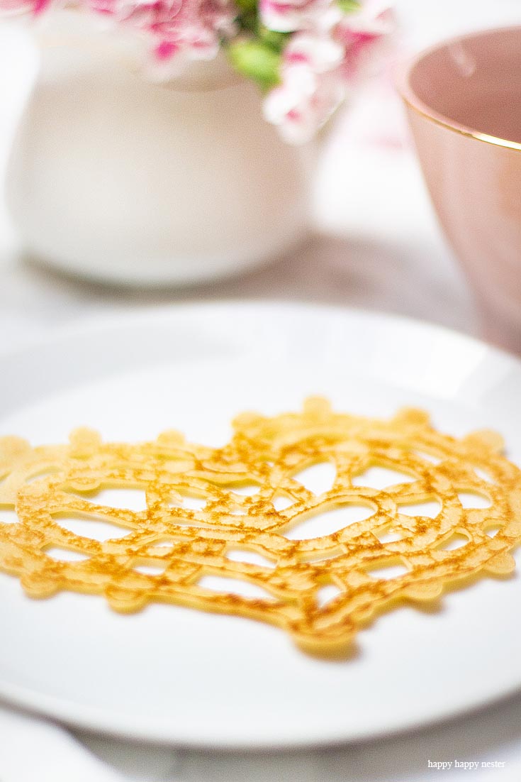 Easy to make Lace Pancakes. These are seriously the easiest Heart-Shaped Pancakes to make. And if you need some ideas for a Valentine's Day breakfast try making them. Inspired by the lace pancakes on The Great British Baking Show I made them. Not only are they cute, but they also taste yummy. Valentine's Day | Heart Pancakes | Lace Pancakes