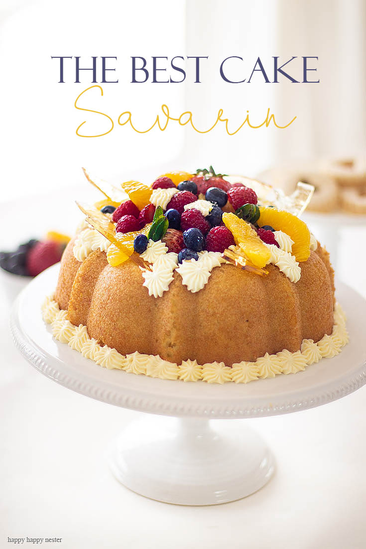 Here is a Yeast Cake Recipe that is soaked thoroughly in an Orange Grand Marnier syrup. This cake is topped with a Sabayon cream frosting and fresh fruit. This unique yeast cake is a bit rustic and very gourmet in taste. It is an impressive cake. #cake #frenchcake #baking #gourmetdesserts #europeancake #pastries