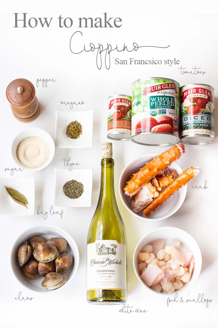 These are the simple ingredients that go into a San Francisco Cioppino. Our family favorite Yummy Seafood Stew Recipe is the best San Francisco style Cioppino. Make this the evening before so all the flavors are their best. This is the best Cioppino recipe since it includes wine and sugar to balance and mellow the acid from the tomatoes. #cioppino #italiandinner #soup #fishstew