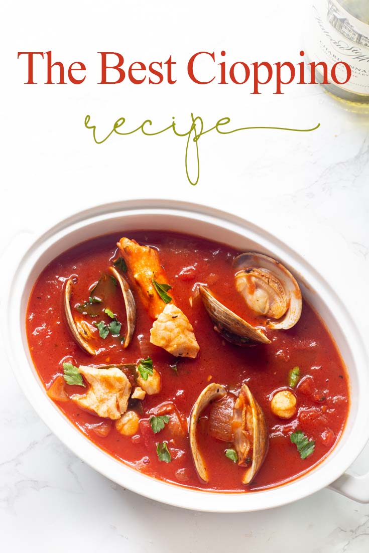 Our family favorite Yummy Seafood Stew Recipe is the best San Francisco style Cioppino. Make this the evening before so all the flavors are their best. This is the best Cioppino recipe since it includes wine and sugar to balance and mellow the acid from the tomatoes. #cioppino #italiandinner #soup #fishstew