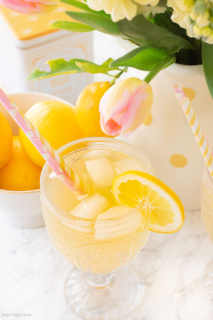 A Great Summer Drink Recipe. This is a yummy Carbonated Lemon Iced Tea Recipe that is a refreshing sparkling tea. Since I have a ton of Meyer lemons that is what I used, but you can use lemons for this recipe. This is a sweet tea with bubbly carbonation. #icetearecipe #icetea #sparklingdrinks #drinkrecipes #lemonrecipes #meyerlemons #sparklingteas