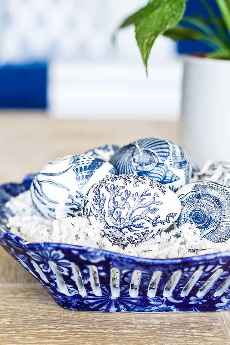 Blue and white Easter egg decoupage decorating idea.