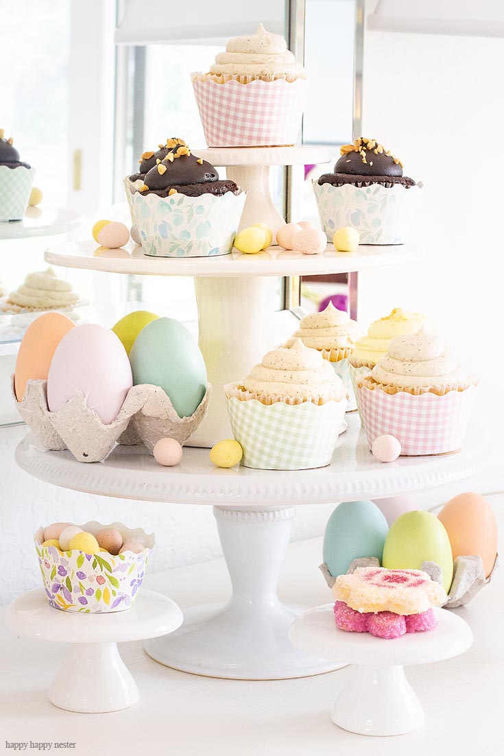 This week, our 3 Ingredient challenge is to Decorate with Target Dollar Spot Items! For this project, I came up with a great display for my yummy Easter cupcakes. My cake stands and eggs are so cheap, and I'm so pleased how great they display my desserts for entertaining. #target #targetdollarspot #decorating #easter