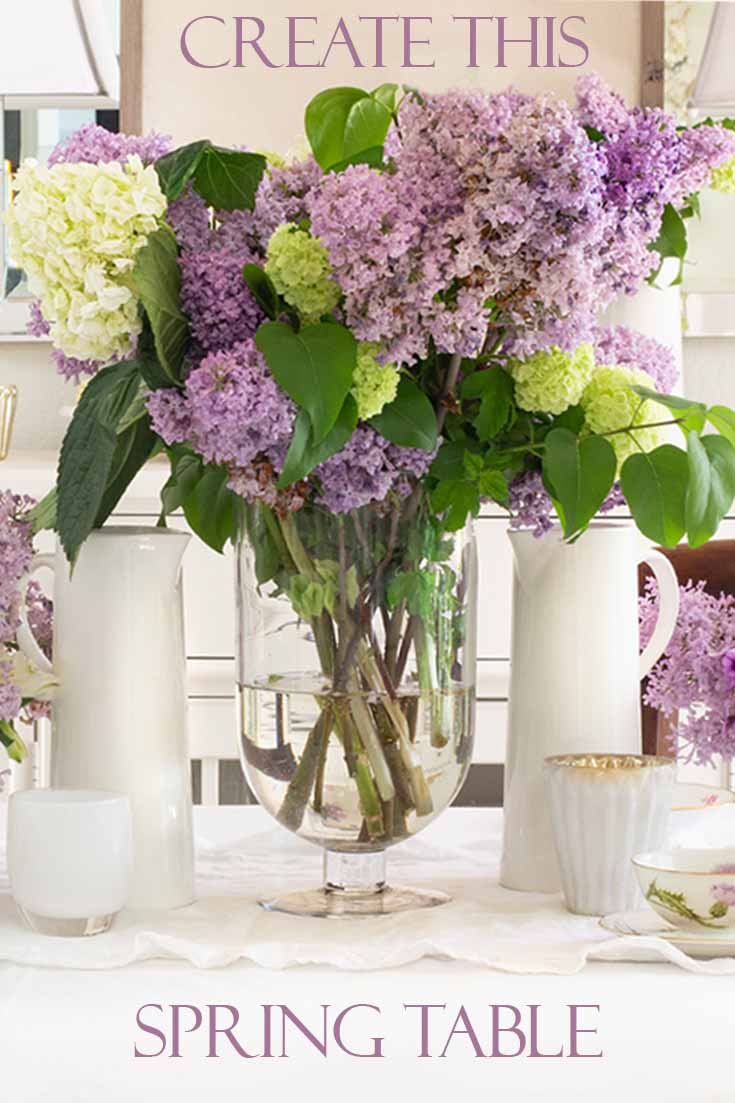 It doesn't take much to create a Beautiful Spring Table with Fresh Flowers. This spring table with fresh lilacs and other garden flowers is so easy to create. No need to spend much to style a fabulous spring table. #springtable #flowerbouquet #freshflowers #lilacs #lavendertable #decoratingwithlilacs #purplelilacs