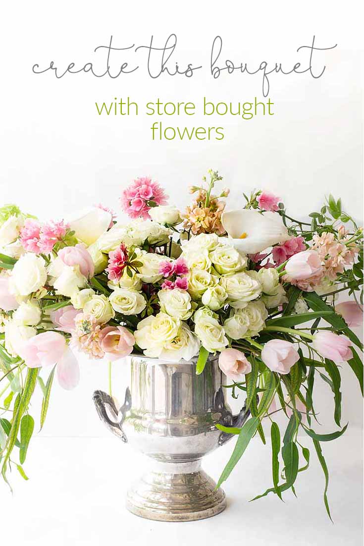 Here is an easy way to Create a Gorgeous Mother's Day Floral Bouquet used just three types of flowers and greenery. These flowers are all at your local grocery store. This flower tutorial explains all the things you need to do in five easy steps. #flowers #flowerarrangements #bouquet #flowervase #mothersdayflowers