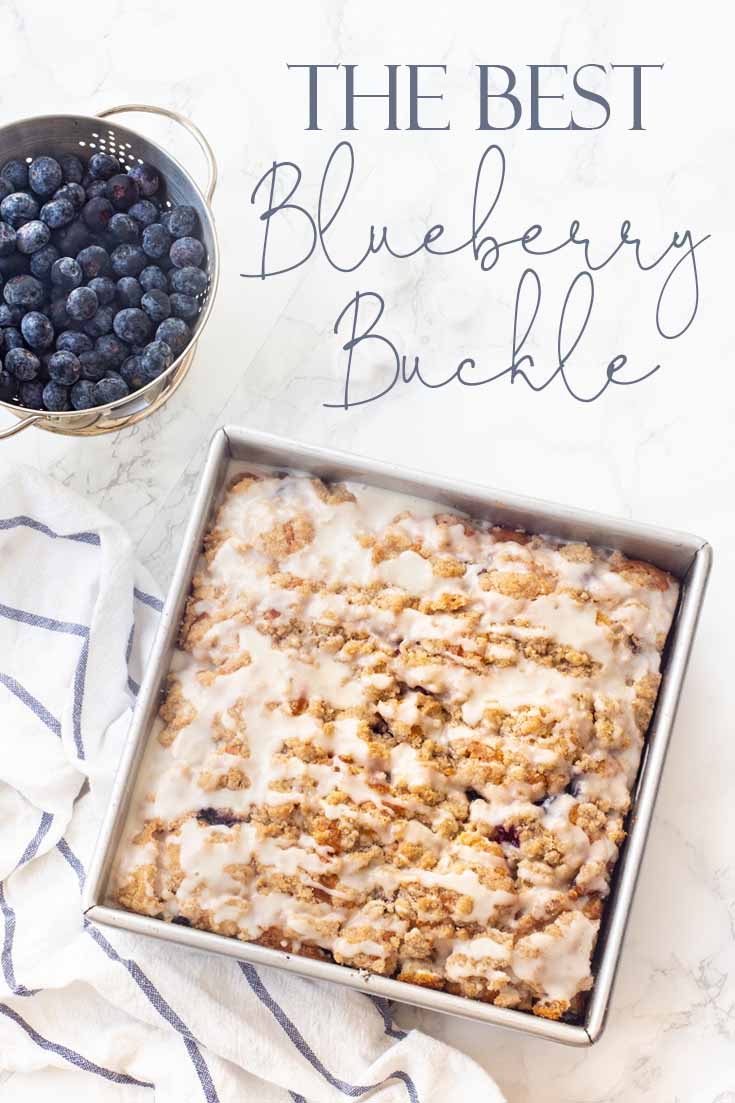 This dessert is The Best Blueberry Buckle Cake Recipe and is sure the perfect side to a cup of coffee or tea. Serve it as a dessert or as a morning blueberry coffee cake. This easy recipe makes an impressive cake with the crumble and delicious icing. #cake #coffeecake #blueberrydessserts #blueberries #desserts #pastry