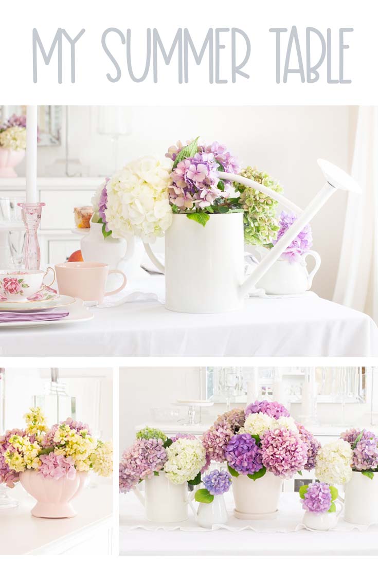 Create a gorgeous summer table decor with hydrangeas in just a few minutes. These summer garden flowers are the perfect addition to an easy summer table. #summertable #hydrangeas #decor