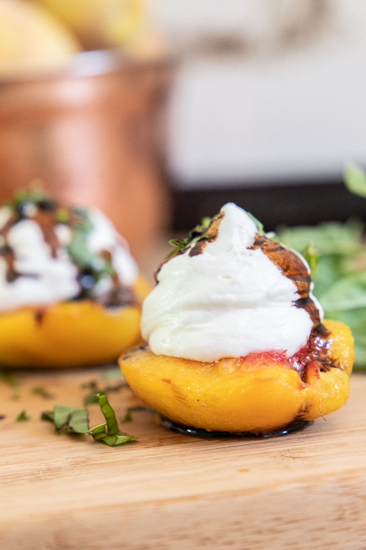 Roasted peaches cheesecake mousse and basil desserts are inspired by Joanna Gaines. #joannagaines #magnoliatablerecipes #recipes #peaches