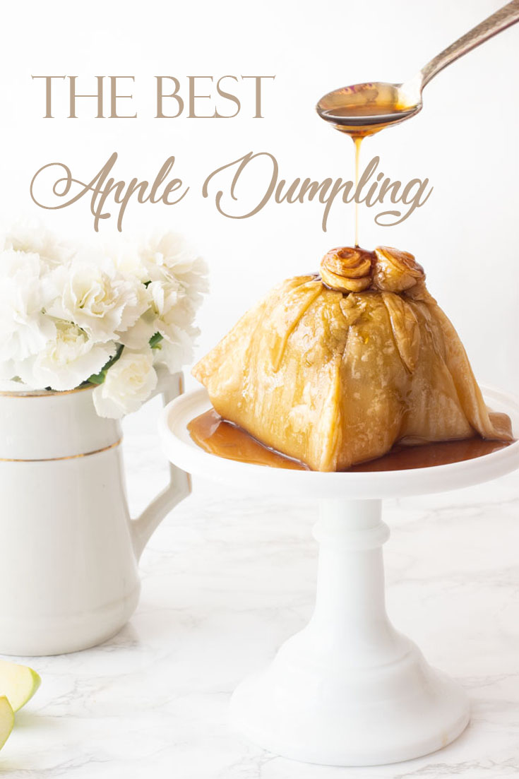 This Easy Apple Dumpling Dessert with Caramel Sauce is so delicious. The apple has sugared nuts inside the core and is topped with a pastry dough covered in a yummy caramel sauce. #dessert #appledumpling #appledesserts