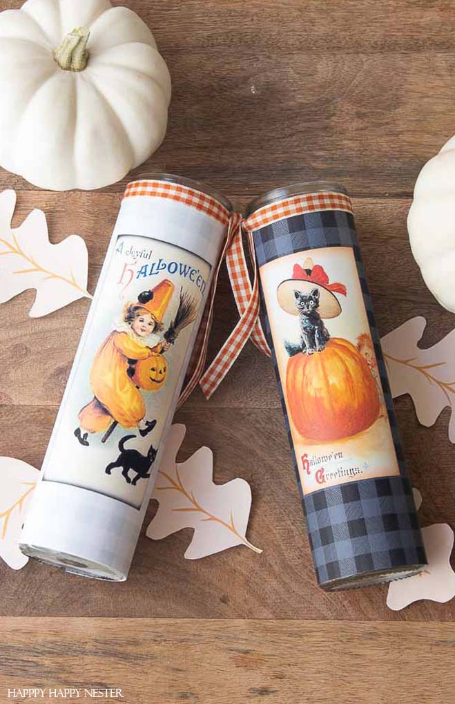 Make these candle labels on your printer and within minutes you have these adorable candles. #crafts #halloweencrafts #halloween #freeprintables