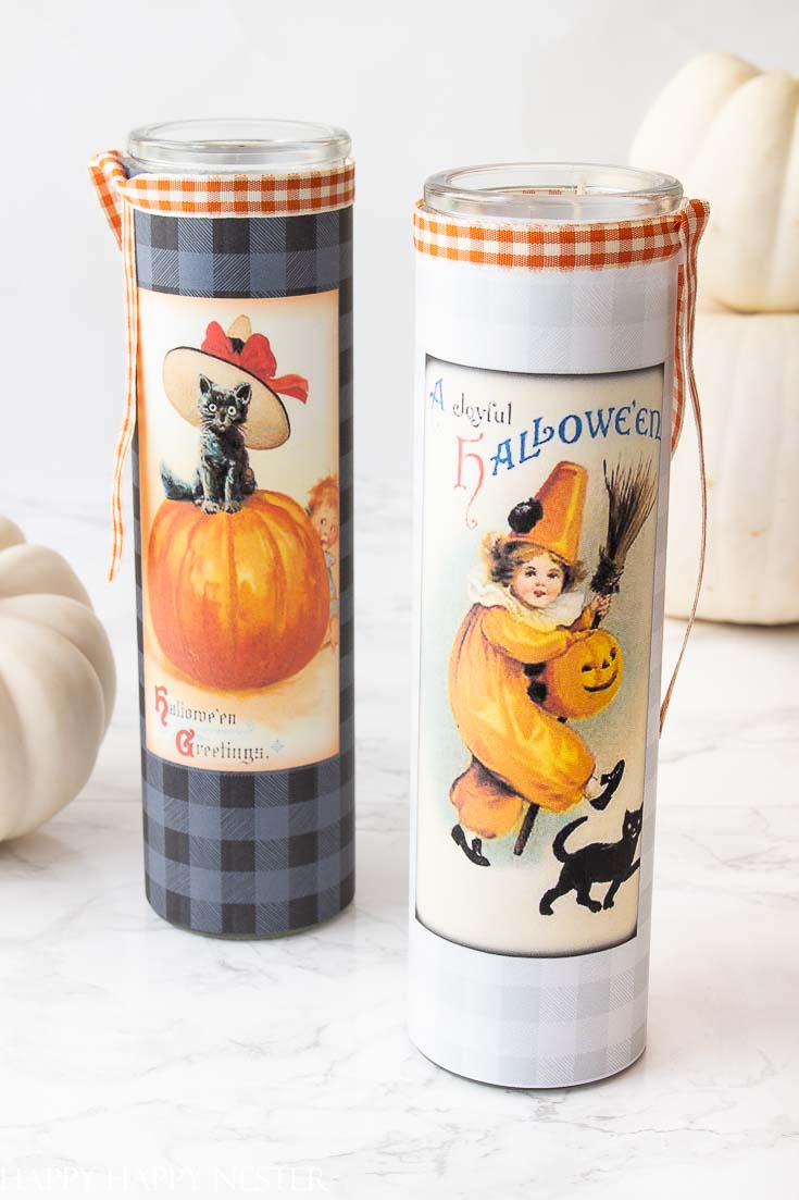 Love this DIY Halloween Decor Candle Label Project is so adorable and super easy. These free cute printables are placed on a glass holder, and it's ready for Halloween. Place it on your table or on your front porch for Halloween Trick or Treaters. #crafts #plaidcrafts #flannel #homedecor