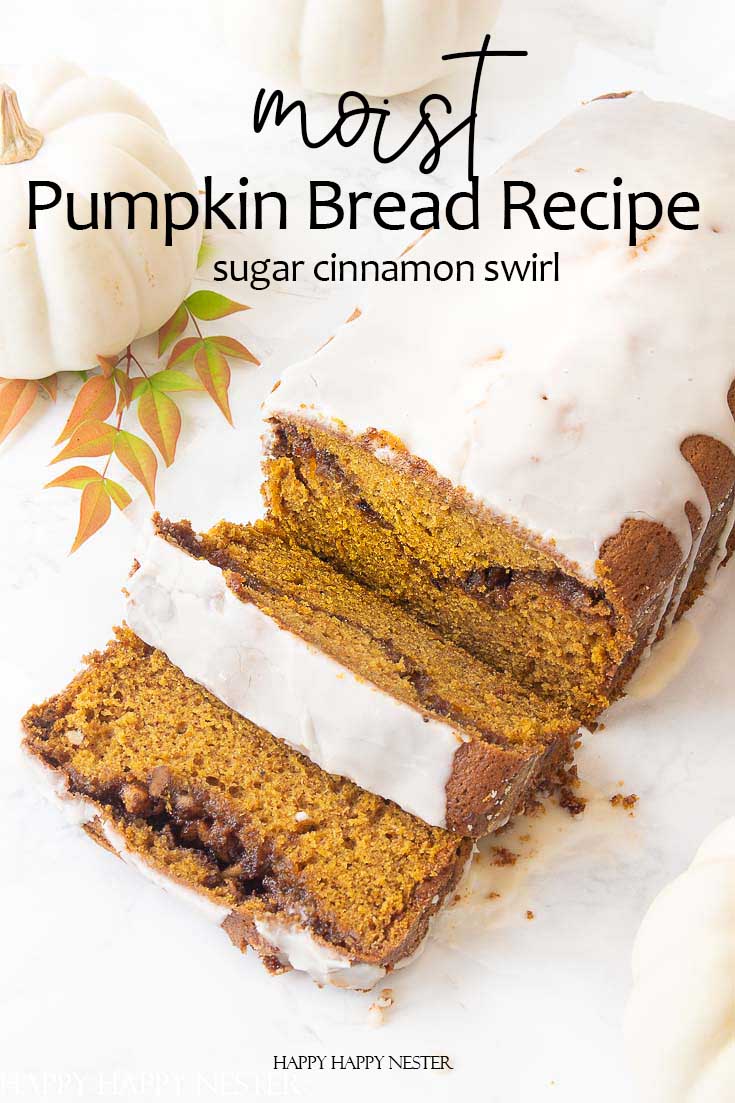 This is the Moist Pumpkin Bread Recipe with a cinnamon, sugar and nut swirl in the middle and topped with icing. Also, this pumpkin bread is easy to make and yummy. This the best recipe you'll ever find. #recipes #thebestpumpkinbread #icedpumpkinbread