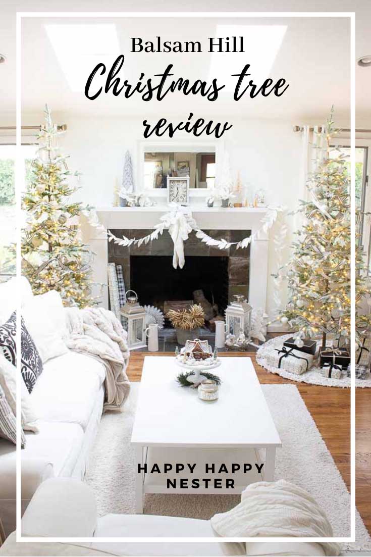 Looking for a realistic faux Christmas tree? This Balsam Hill Christmas Tree Review will help you decide about purchasing the Frosted Alpine Balsam Fir. This post reviews the branches, needles, lights, and ease of putting it together. It is a big investment so take the time to do your research. #balsamhill #balsamhilltrees #fauxtrees