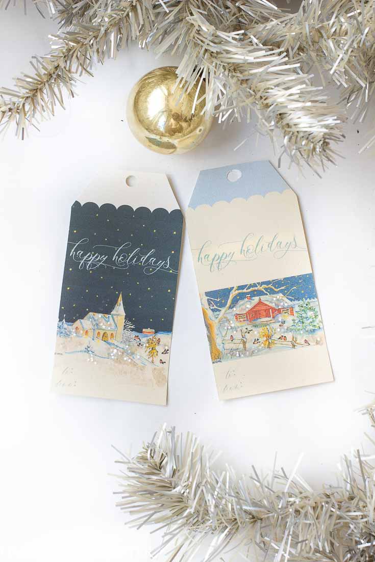 Download these free holiday printable gift tags. Print them out on white cardstock and add a bit of clear glitter. #gifttags #freeprintable #printable #holidaytags