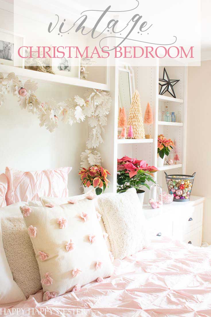 Easy Vintage Christmas Bedroom Decor is a bright and pink winter wonderland. It's a fun and happy room decked out in vintage ornaments and pink poinsettias. #christmasbedroom #craneandcanopybedding #Christmasdecor #vintagedecor