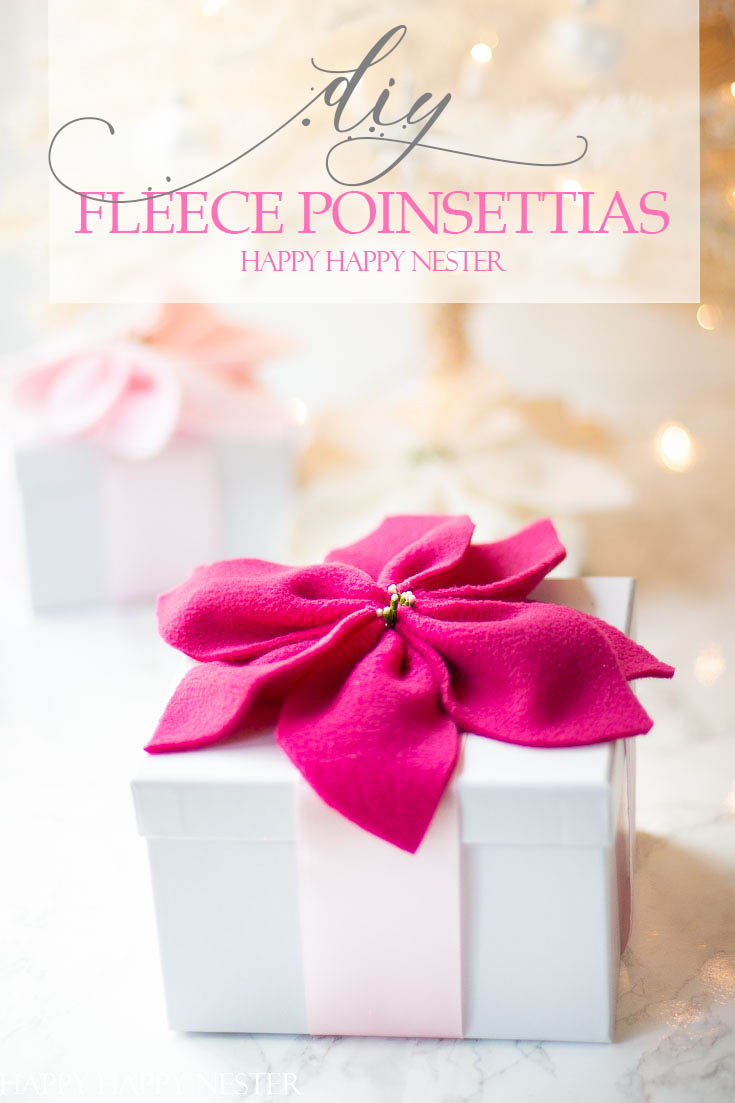 How to make flowers with fleece is such an easy project. This no-sew fleece project is the perfect Poinsettia craft for all your leftover fleece fabric. Make it for Christmas to place on top of gifts! #poinsettia #fleeceprojects #easyfleeceprojects #howtomakeaflower #flowerprojects #paperflowers