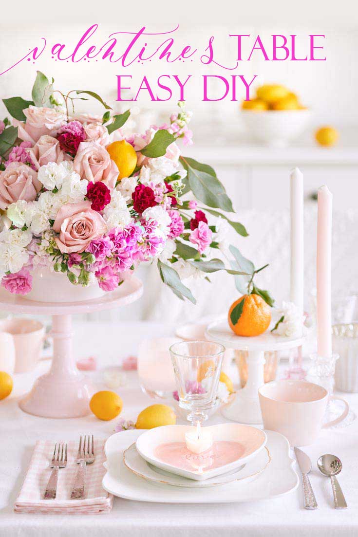 Find out 6 secrets to creating an easy but beautiful Valentine's Day Table Decor. Create an easy holiday table and floral bouquet with grocery store flowers. #valentines #tabledecor