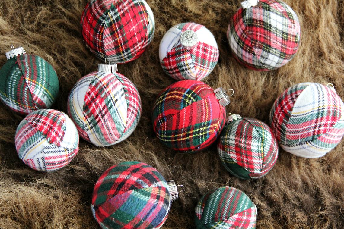 shopping for christmas decorations and pretty plaid ornaments