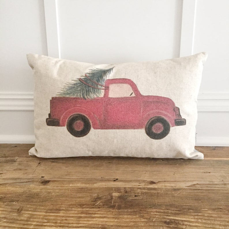 red truck holiday pillow