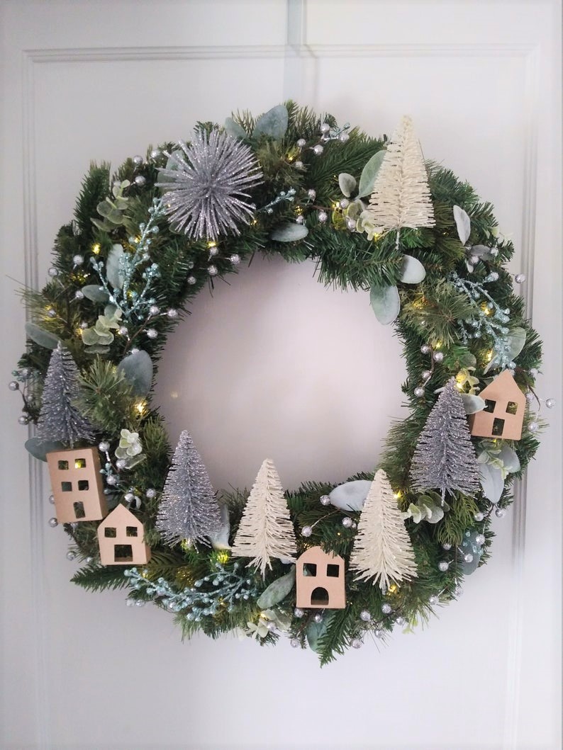 snowy village christmas wreath
