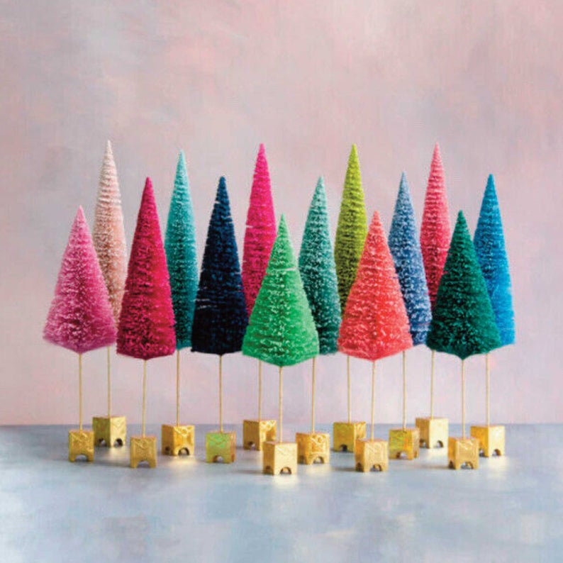 8 Glittery METALLIC PINK Mini Miniature Sisal Bottle Brush Trees 