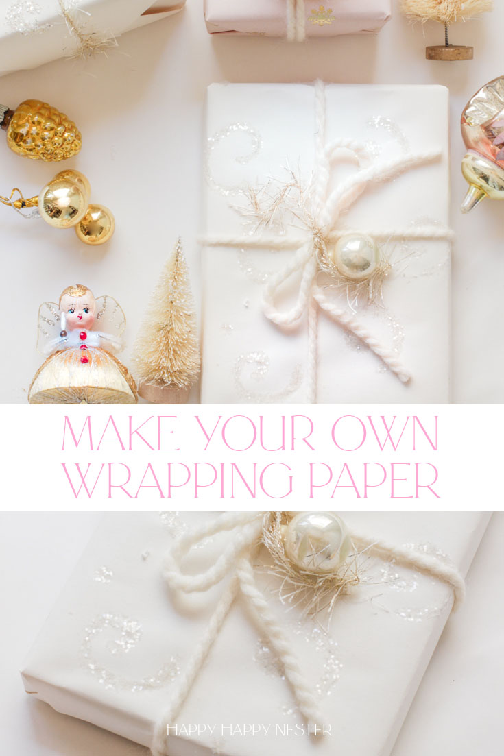  Make your own wrapping paper this year. This pretty glittery paper is such a quick project and only takes a couple of minutes to make. And even your kids can make this fun gift wrapping paper. It's that easy. And by the way, there are a few important tips about glue and glitter that are key to creating a successful paper. Trust me. I did a bit of testing. Personalize your paper and have fun with this crafty project.