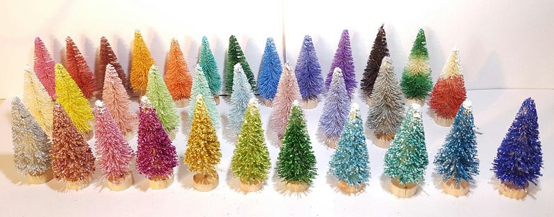 8 Glittery METALLIC PINK Mini Miniature Sisal Bottle Brush Trees 