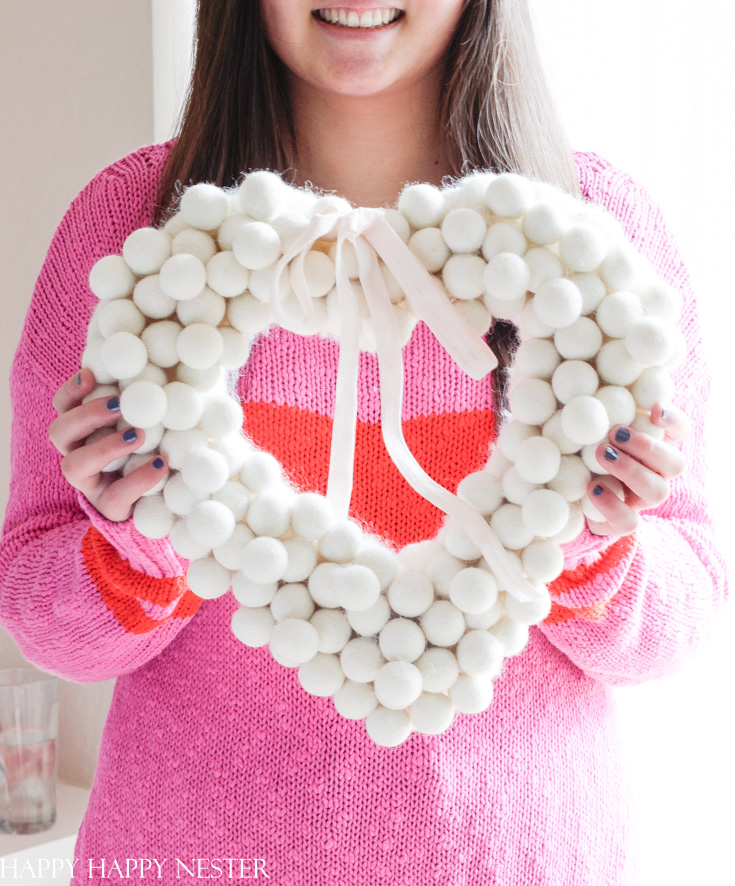 Valentine's Day Heart Wreaths For Front Door Pink Wool Felt Pom