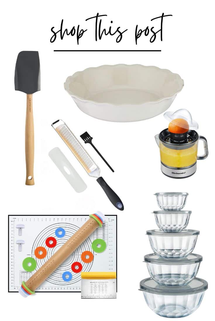 Collage of kitchen items: black spatula, white pie dish perfect for a lemon sour cream pie, zester with brush, manual juicer with orange, magnetic measurement chart, rolling pin with rings, and a set of glass mixing bowls. Text at top reads "shop this post.