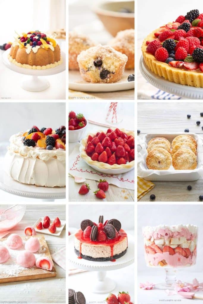 A collage of nine images showcasing assorted desserts, including mixed berry dessert recipes like fruit-topped cakes, tarts, pavlova, scones, cookies-and-cream cake, ice cream scoops, muffins, and a layered trifle with strawberries and cream.