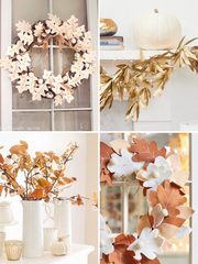 Fall Leaf Craft Ideas A collage of four photos showcasing fall leaf craft ideas, including a felt leaf wreath, gold-painted foliage on a mantel, and a vase of dried branches with white berries.