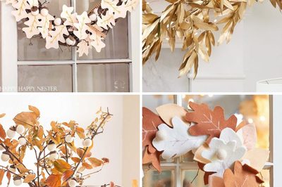 A collage of four photos showcasing fall leaf craft ideas, including a felt leaf wreath, gold-painted foliage on a mantel, and a vase of dried branches with white berries.