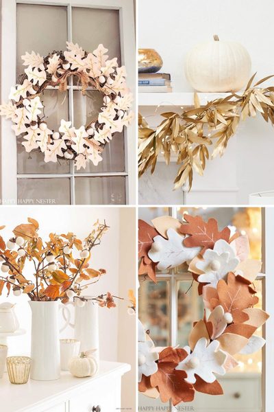 A collage of four photos showcasing fall leaf craft ideas, including a felt leaf wreath, gold-painted foliage on a mantel, and a vase of dried branches with white berries.